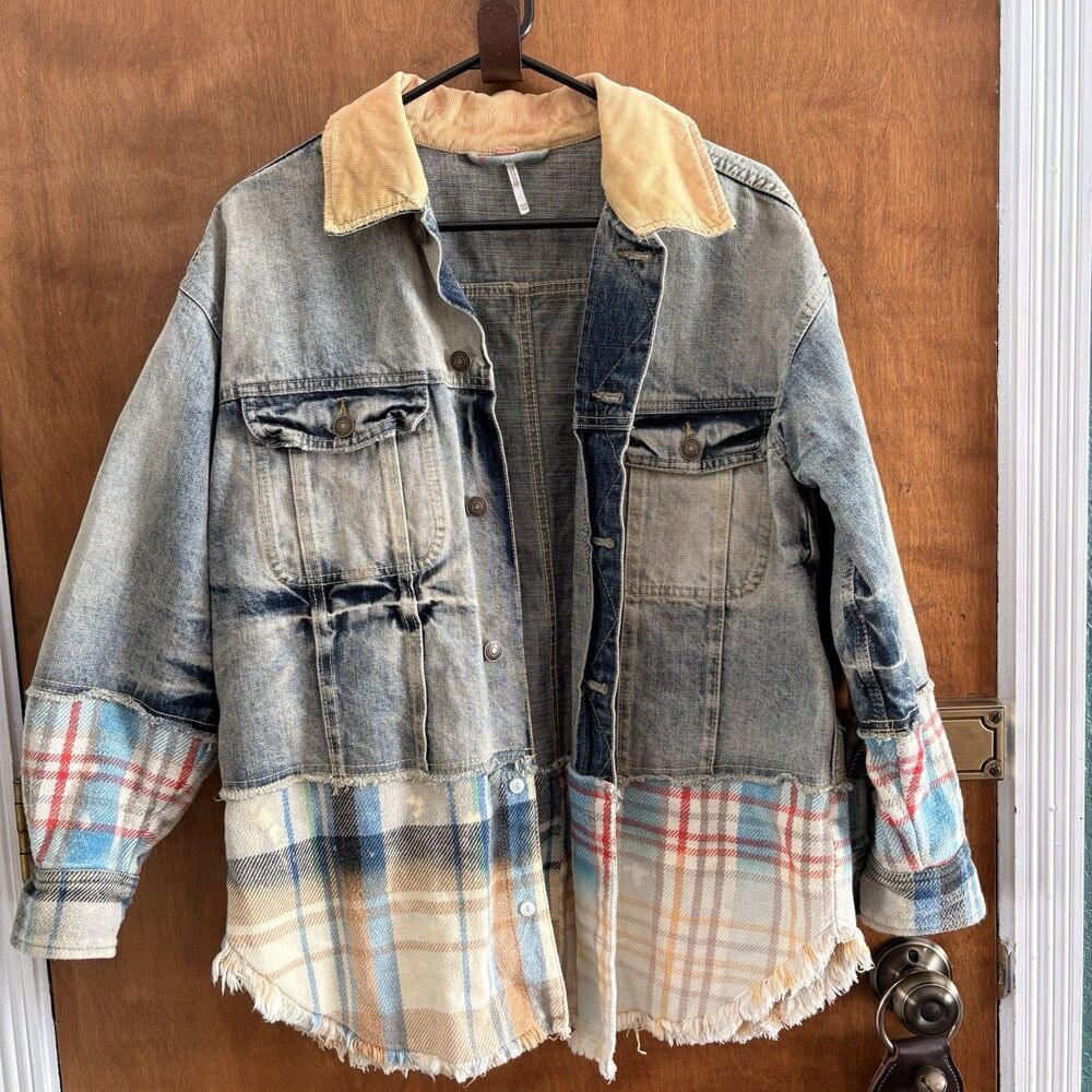Free People Sirius Jacket Denim Flannel Distressed Boho Grunge 90s Women's XS/S